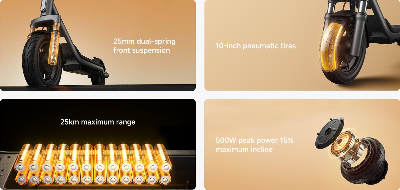 The image features various specifications of an electric scooter. Key highlights include:

- **25mm dual-spring front suspension** for improved ride comfort.
- **10-inch pneumatic tires** for better traction and stability.
- **25km maximum range**, indicating the distance the scooter can travel on a single charge.
- **500W peak power** with a capability to handle a **15% maximum incline**, showing its power and climbing ability.