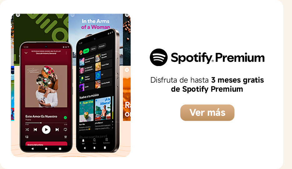 Una imagen promocional que muestra la interfaz de Spotify en las pantallas de dos teléfonos móviles, con la carátula del álbum y los controles de reproducción a la izquierda, y la lista de reproducción a la derecha. En la esquina inferior derecha hay un texto que dice "Disfruta de hasta 3 meses gratis de Spotify Premium", junto a un botón que dice "Ver más".
