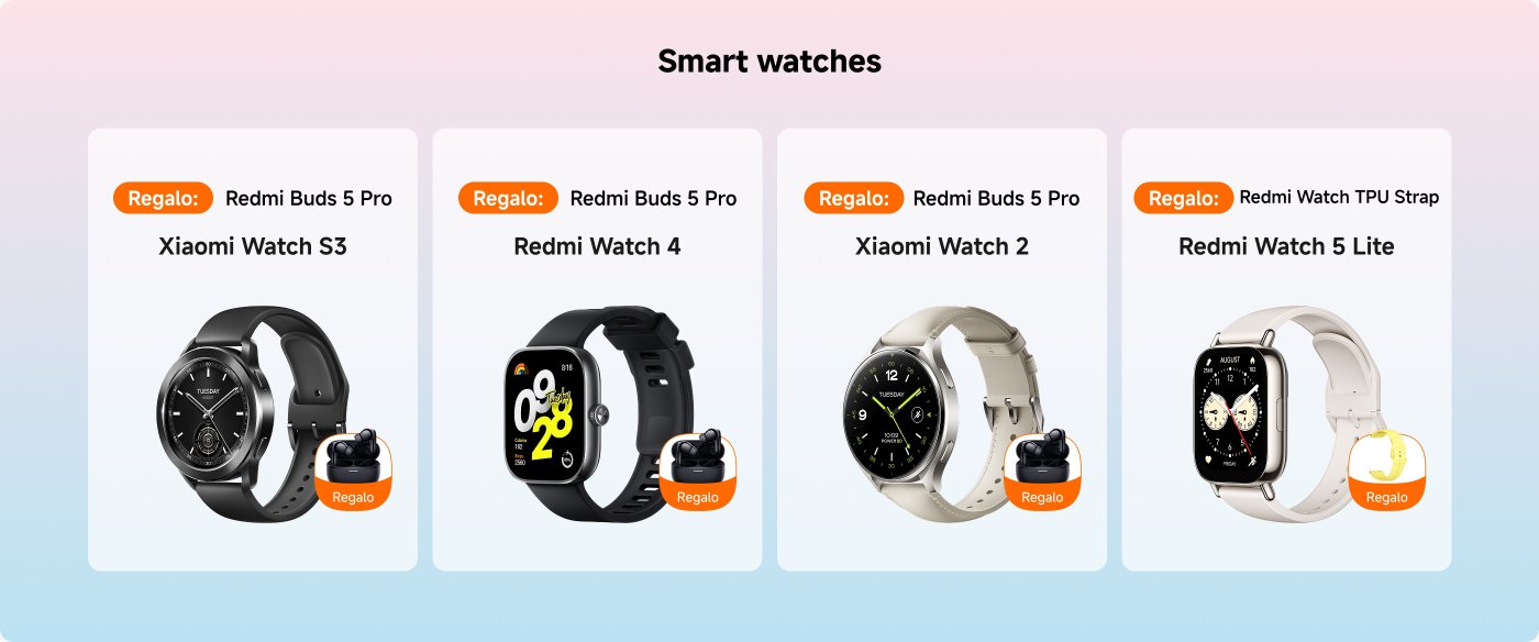 Muestre tres modelos de relojes inteligentes: Xiaomi Watch S3, Redmi Watch 4 y Xiaomi Watch 2. Cada reloj viene con un regalo: Redmi Buds 5 Pro.