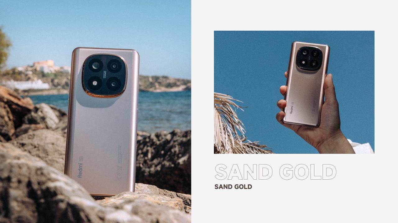 A golden mobile phone is on a rock, with a background of blue sea and blue sky, holding the phone to show its back, with the text indicating "sand gold."