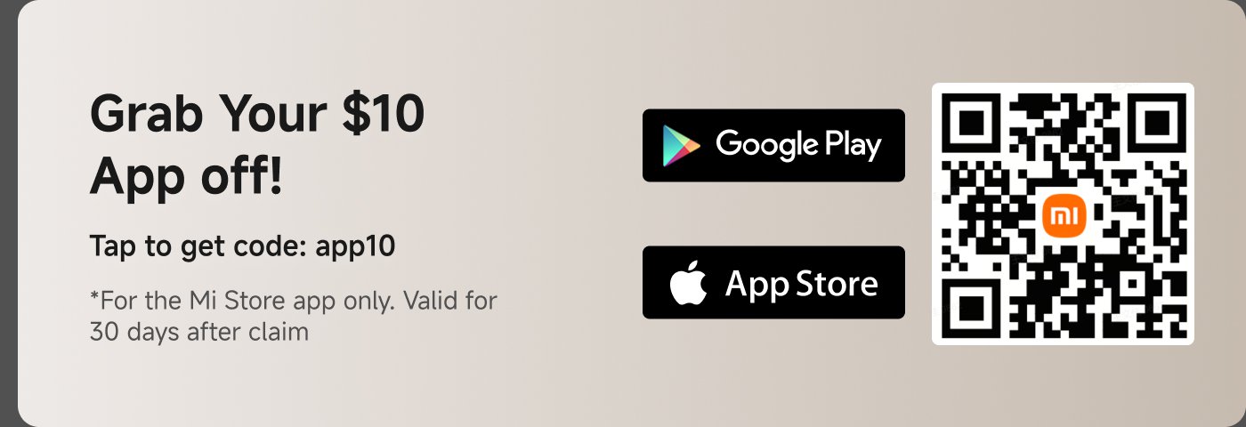 $10 discount offer for the Mi Store app. Use code: app10. Valid for 30 days after claim. Available for download on Google Play and the App Store. QR code included for access.