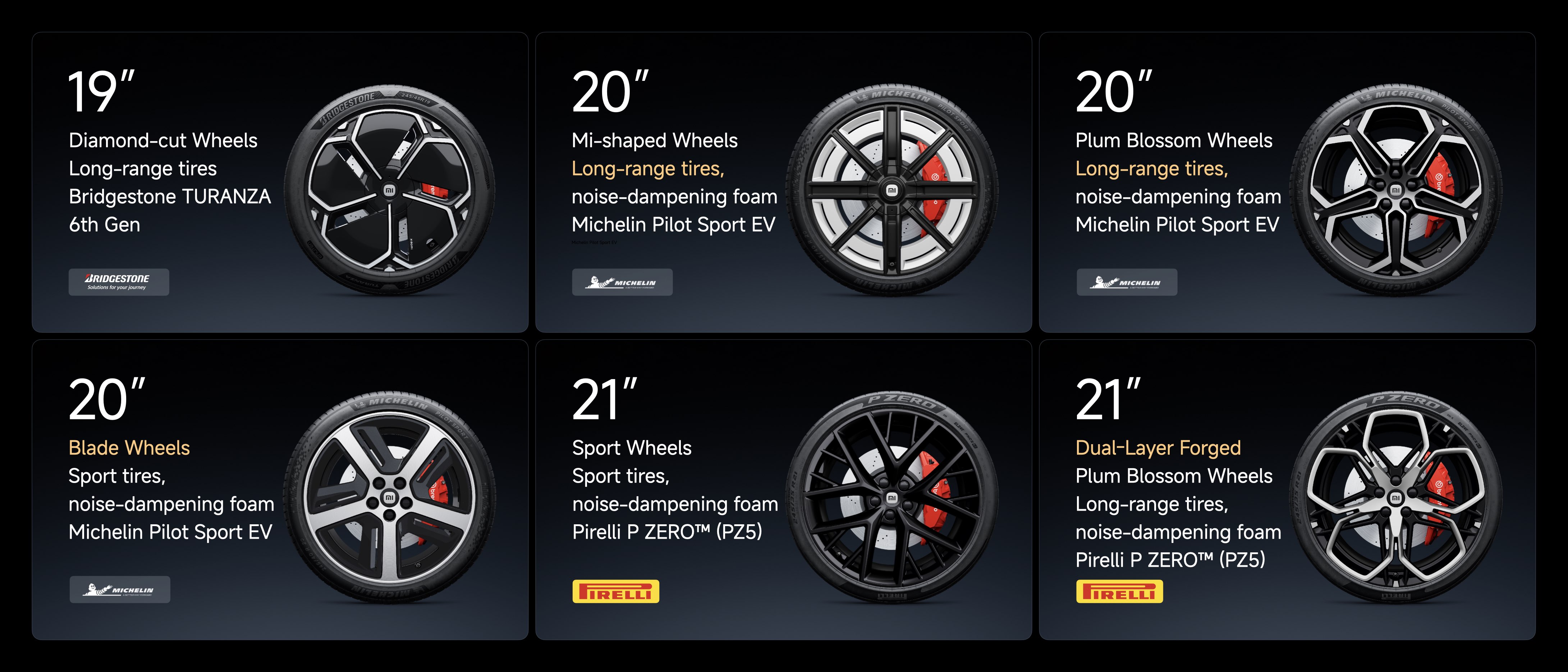 The image showcases various wheel options for vehicles, including:
1. **19" Diamond-cut Wheels**: Long-range tires with Bridgestone TURANZA.
2. **20" Mi-shaped Wheels**: Long-range tires with noise-dampening foam, Michelin Pilot Sport EV.
3. **20" Plum Blossom Wheels**: Similar to the above with Michelin Pilot Sport EV.
4. **20" Blade Wheels**: Sport tires with noise-dampening foam, Michelin Pilot Sport EV.
5. **21" Sport Wheels**: Sport tires with noise-dampening foam, Pirelli P ZERO™ (PZ5).
6. **21" Dual-Layer Forged Plum Blossom Wheels**: Long-range tires with noise-dampening foam, Pirelli P ZERO™ (PZ5).