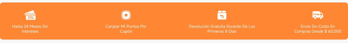 Ofertas y servicios destacados:

1. Hasta 24 meses sin intereses.
2. Canjear puntos por cupón.
3. Devolución gratuita durante los primeros 8 días.
4. Envío sin costo en compras desde $60,000.
