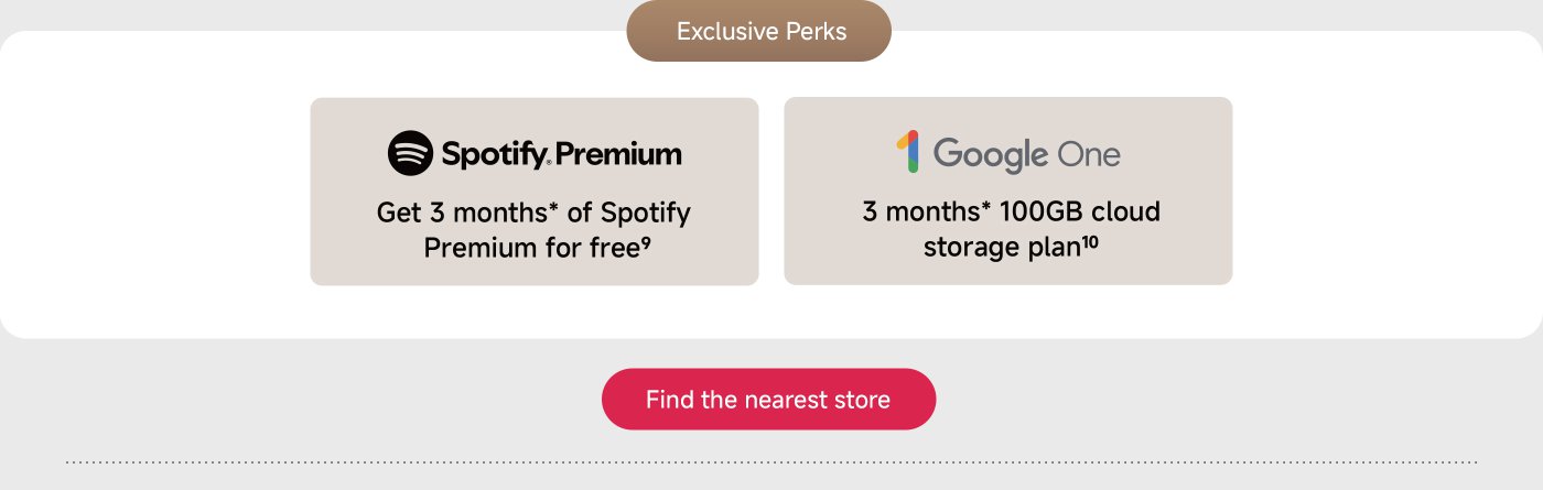Exclusive perks include 3 months of Spotify Premium for free and a 3-month 100GB cloud storage plan with Google One. There's also an option to find the nearest store.