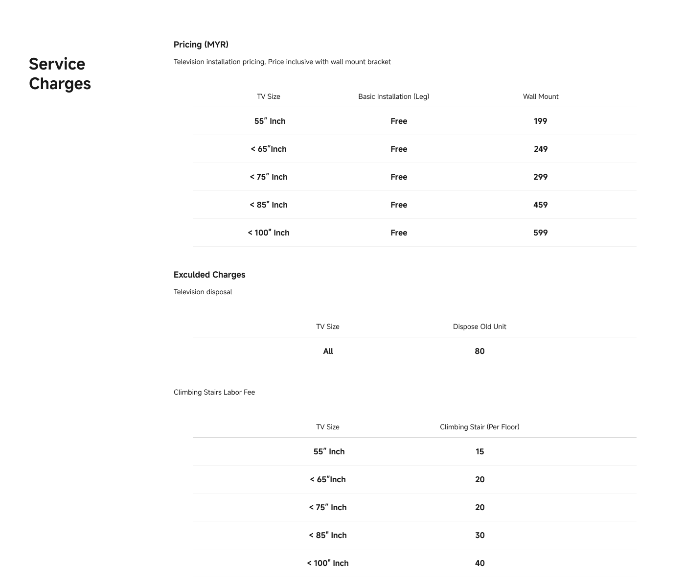 The service fee table displays the installation and handling costs for different TV sizes. Basic installation is free, while wall mounting costs range from 199 to 599. The fee for handling old equipment is 80, and the stair climbing charge varies from 15 to 40 depending on the TV size.