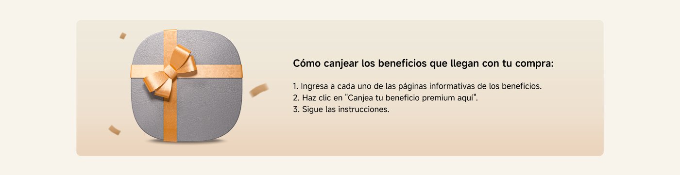 Cómo canjear los beneficios que vienen con la compra:  
1. Visite la página de información de cada beneficio.  
2. Haga clic en "Canjea tus beneficios premium aquí".  
3. Siga las instrucciones para proceder.