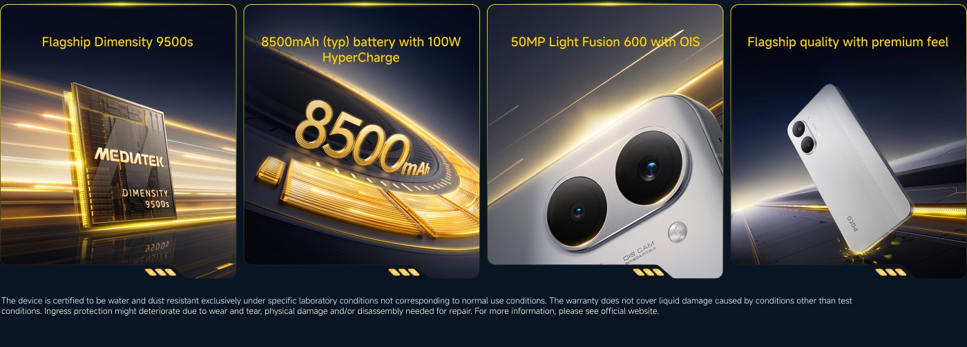 The image features key specifications of a smartphone, including:

1. **Processor**: MediaTek Dimensity 9500s.
2. **Battery**: 8500mAh with 100W HyperCharge.
3. **Camera**: 50MP Light Fusion 600 with Optical Image Stabilization (OIS).
4. **Design**: Described as having flagship quality with a premium feel.

Additionally, there are notes about the device being water and dust resistant under specific conditions, with limitations on warranty coverage for damage.