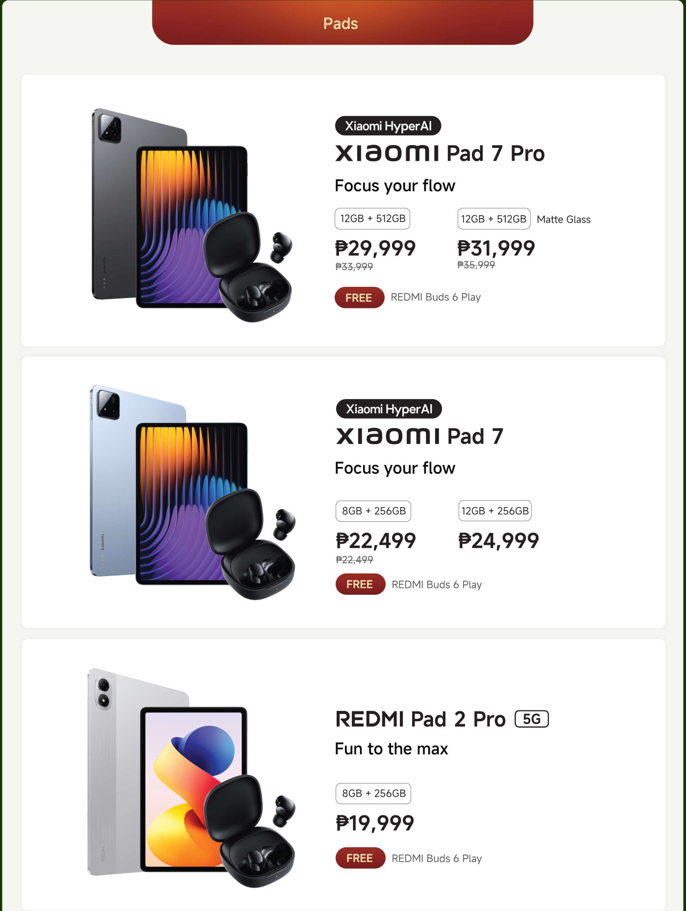 The product images of Xiaomi Pad 7 Pro, Xiaomi Pad 7, and REDMI Pad 2 Pro showcase each tablet along with its accessories, pricing, and promotional information. Each tablet comes with REDMI Buds 6 Play headphones.