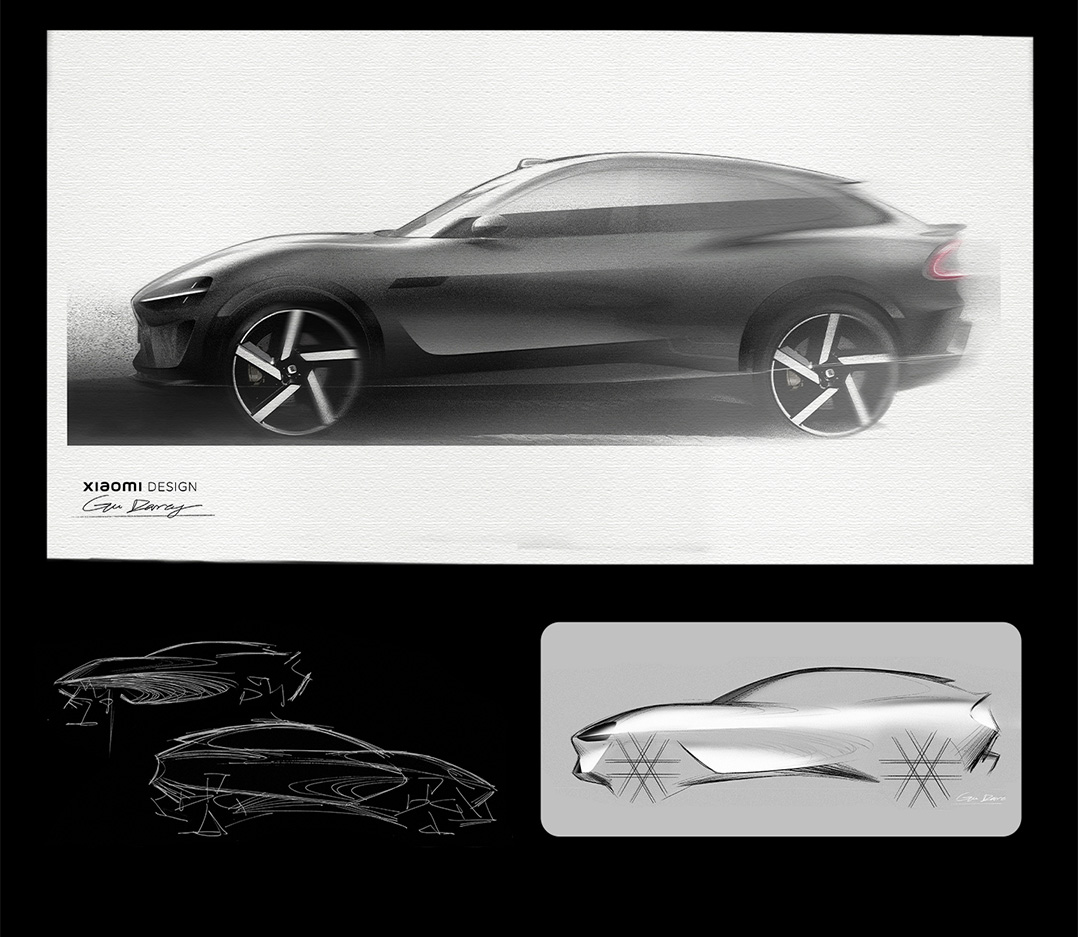 A sketch of a car design showcases a streamlined vehicle from a side perspective, with clear details of the wheels and body design. In the lower left corner, there are additional sketches, while the lower right corner features a design illustration of a brightly colored car body. Overall, it presents the concept of modern car design.