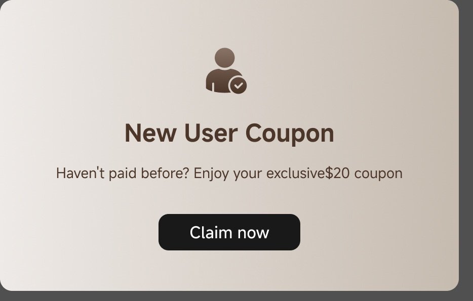 New User Coupon offering an exclusive $20 coupon for those who haven't paid before, with a prompt to "Claim now."