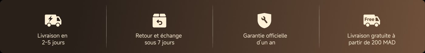 Le contenu fourni contient quatre informations sur les services : 1. Livraison dans 2 à 5 jours ; 2. Retour ou échange possible dans les 7 jours ; 3. Garantie officielle d'un an ; 4. Livraison gratuite pour les commandes supérieures à 200 MAD.