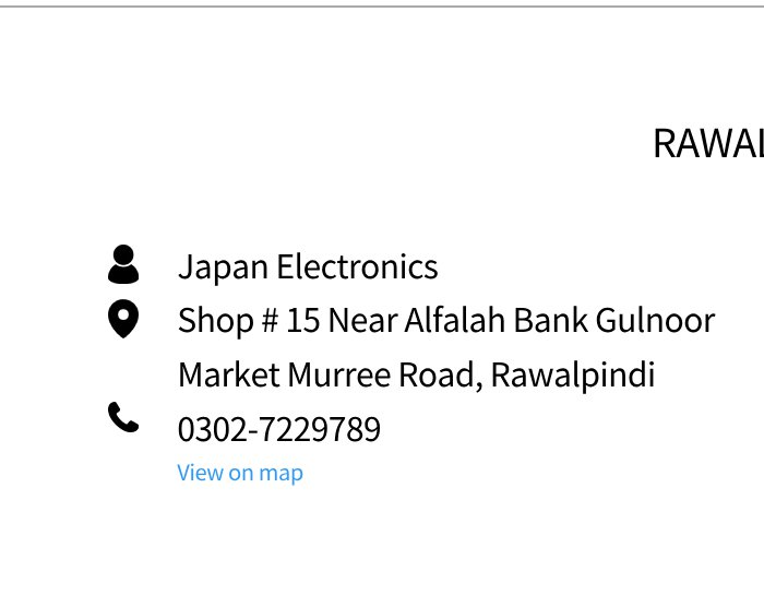 Japan Electronics is located on Murree Road in Rawalpindi, Pakistan, with the specific address being Shop # 15 Near Alfalah Bank, Gulnoor Market. The contact number is 0302-7229789.