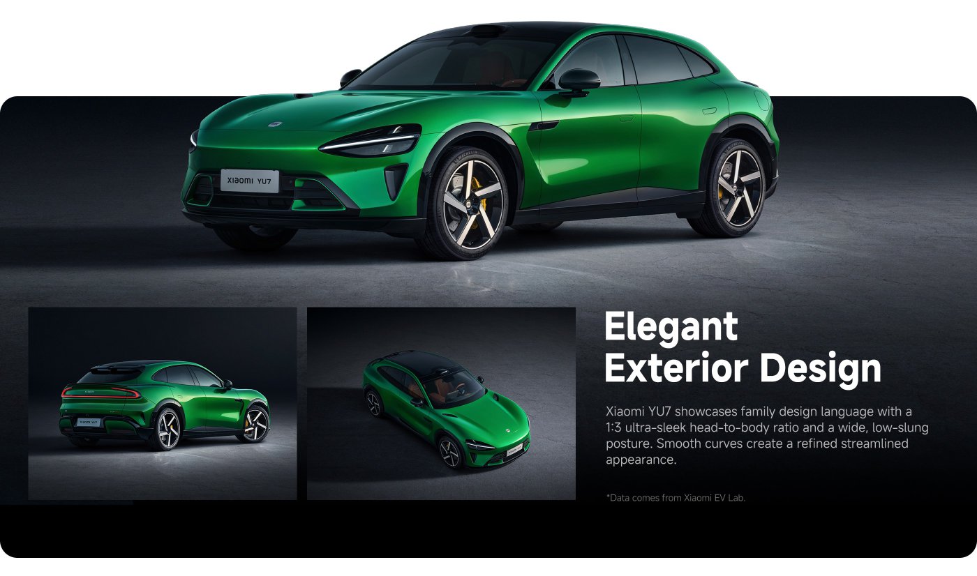 The Xiaomi YU7 electric vehicle showcases an elegant exterior design, with a body ratio of 1:3, featuring a smooth and low profile that highlights its exquisite streamlined appearance.