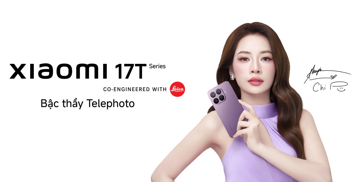 Hình ảnh quảng cáo cho dòng điện thoại thông minh Xiaomi 17T, có hình một người phụ nữ mặc trang phục màu tím cầm điện thoại. Thiết kế bao gồm dòng chữ "CO-ENGINEERED WITH Leica" và "Bậc thầy Telephoto." Cũng có một chữ ký ở bên phải.