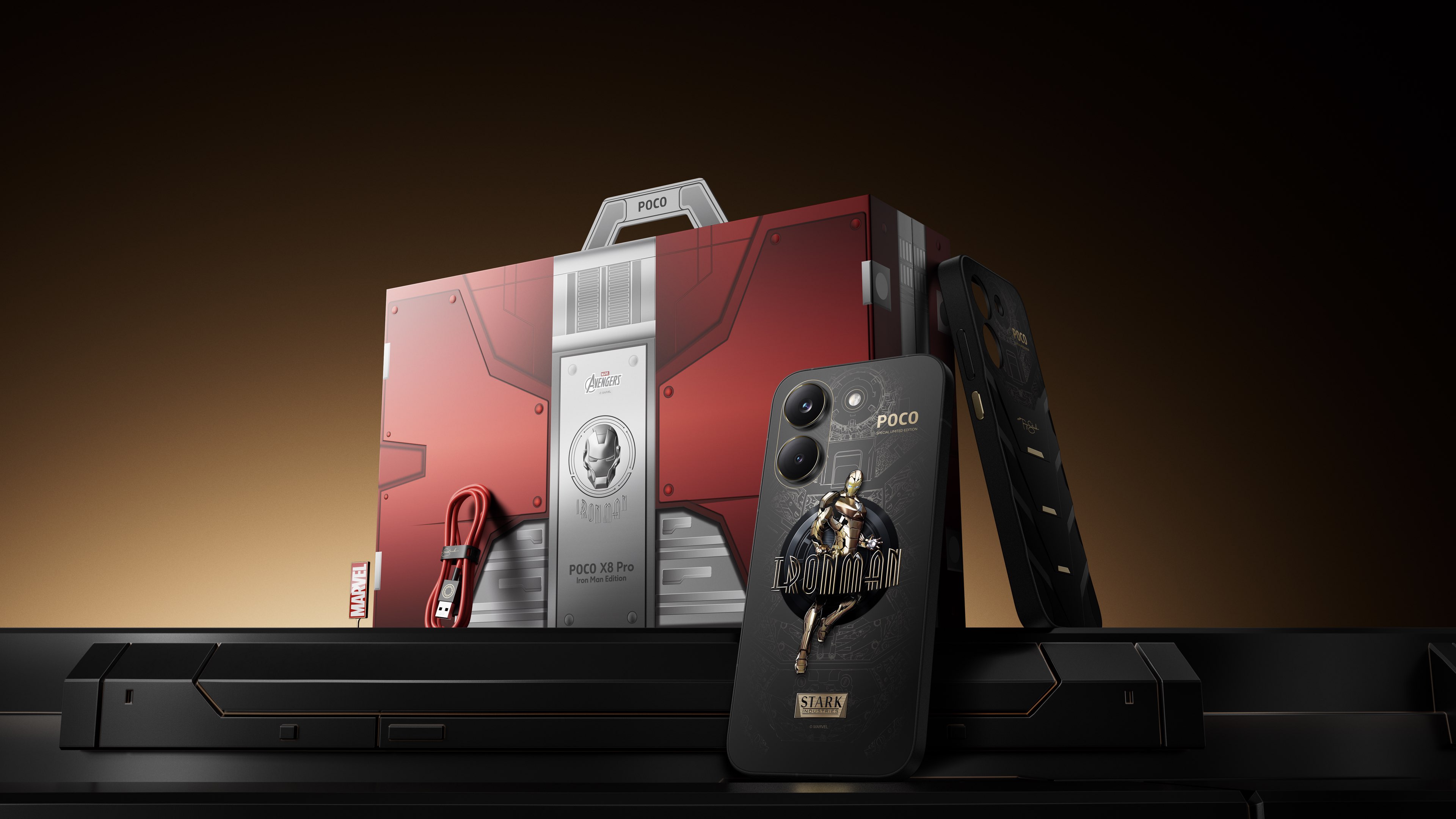 A mobile packaging box themed around Iron Man, featuring a red exterior, with a black phone placed beside it. The back is printed with an Iron Man graphic and the POCO logo, and there is a USB cable at the bottom. The overall background is a gradient of brown.