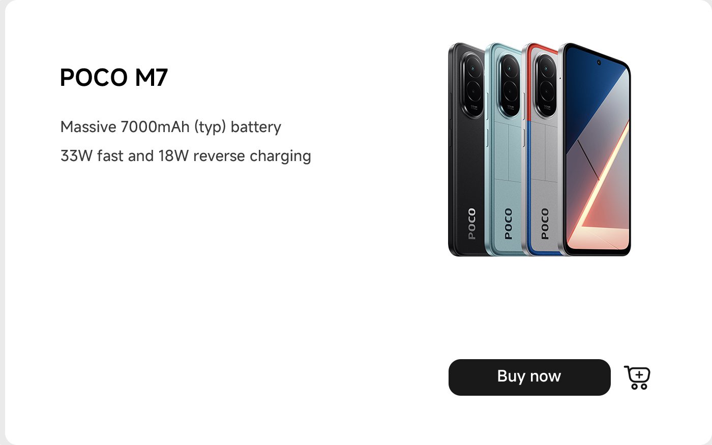 The promotional image of the Poco M7 phone showcases the device in four colors, featuring a 7000mAh battery, supporting 33W fast charging and 18W reverse charging. There is a "Buy Now" button at the bottom.