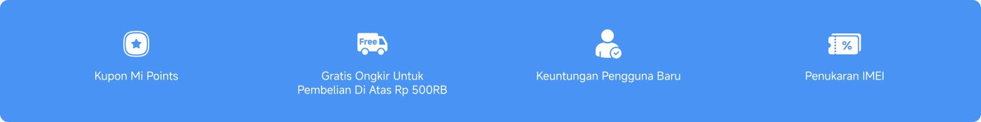 Gambar promosi yang berisi empat informasi penawaran, termasuk: 1. Penukaran IMEI; 2. Pengiriman gratis untuk pembelian di atas 500.000 rupiah; 3. Kupon Mi Points; 4. Kupon untuk pengguna baru.