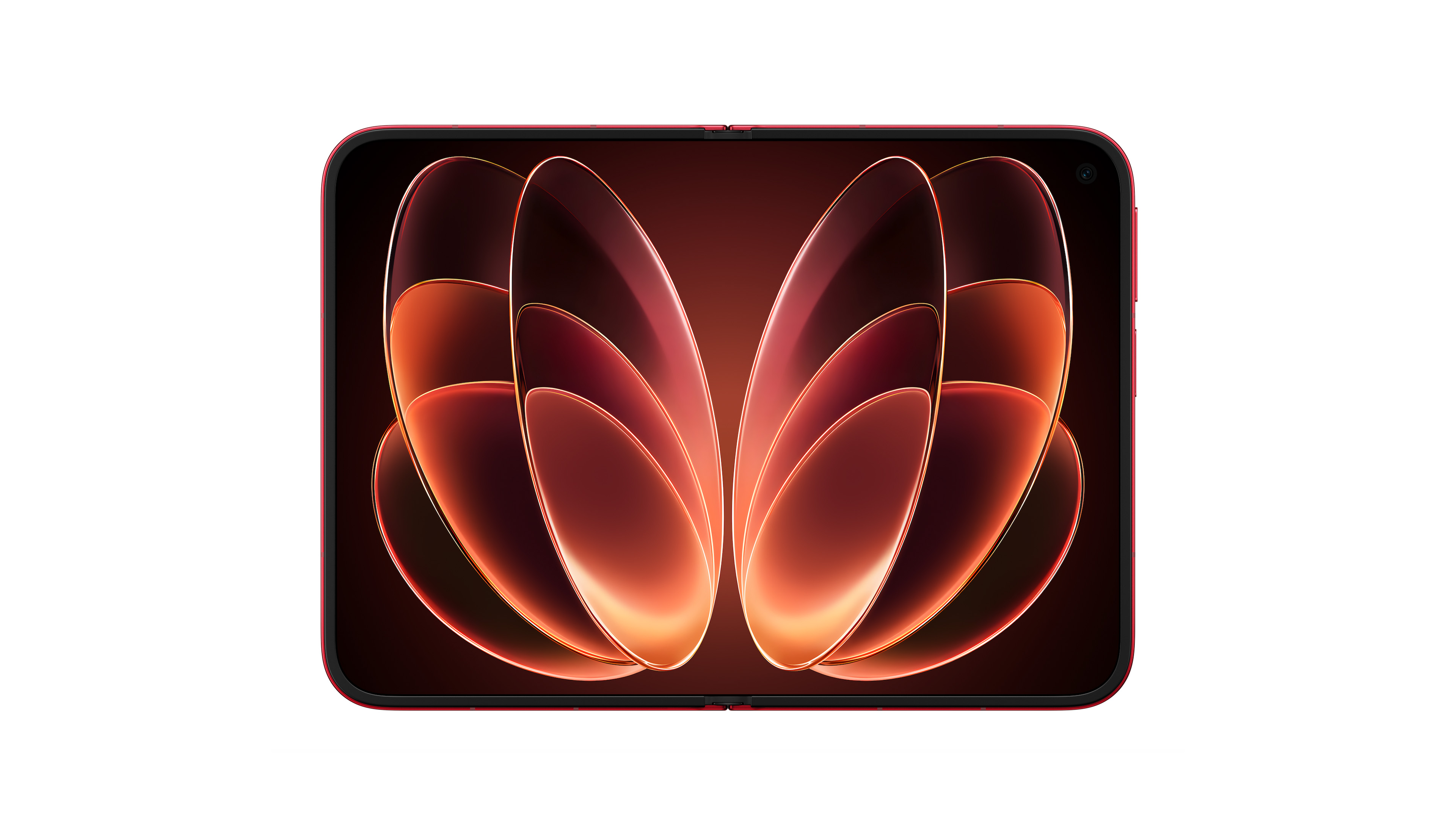 A red folding phone with a screen presenting a symmetrical petal shape, set against a dark background, featuring a minimalist and modern overall design.