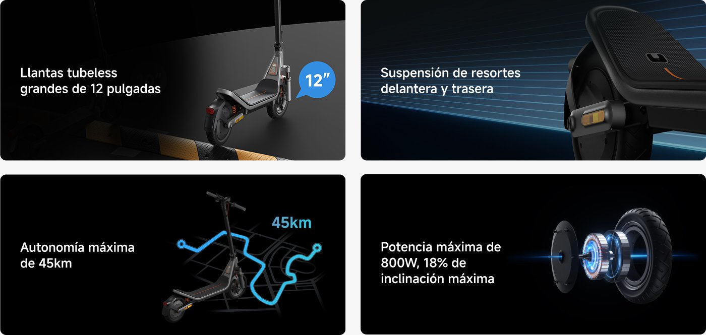 Un patinete eléctrico con características destacadas: autonomía de hasta 70 km, potencia máxima de 1100W, llantas tubeless de 12 pulgadas, y suspensión delantera extralarga de 45 mm con amortiguadores traseros dobles.