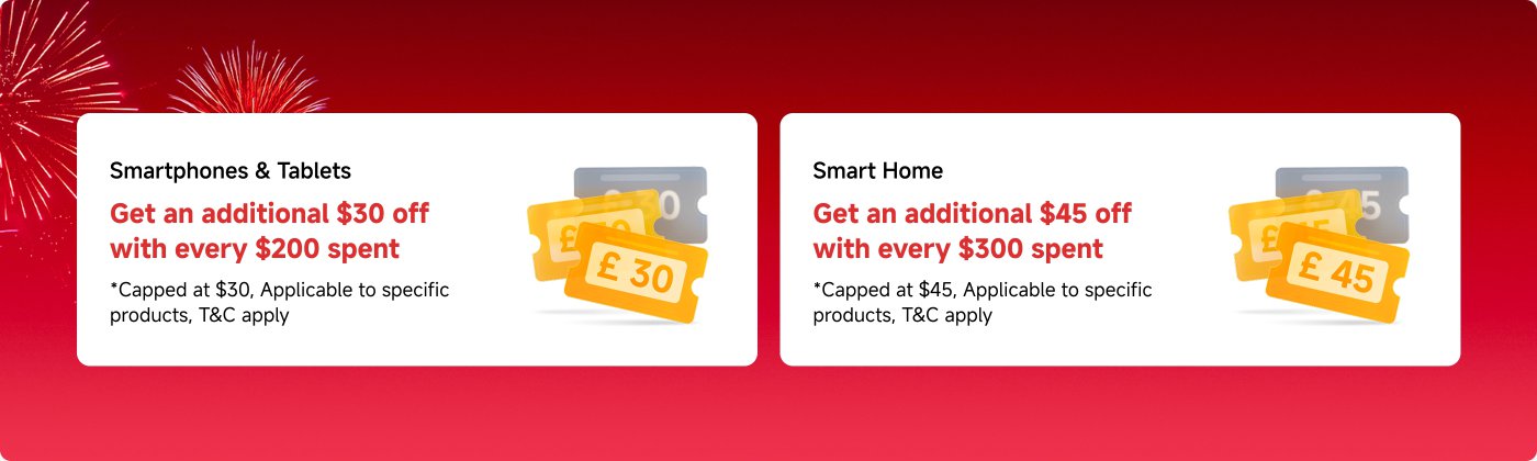 Promotional offer details:

**Smartphones & Tablets**
- Additional $30 off with every $200 spent
- Cap at $30, applicable to specific products, terms and conditions apply.

**Smart Home**
- Additional $45 off with every $300 spent
- Cap at $45, applicable to specific products, terms and conditions apply.