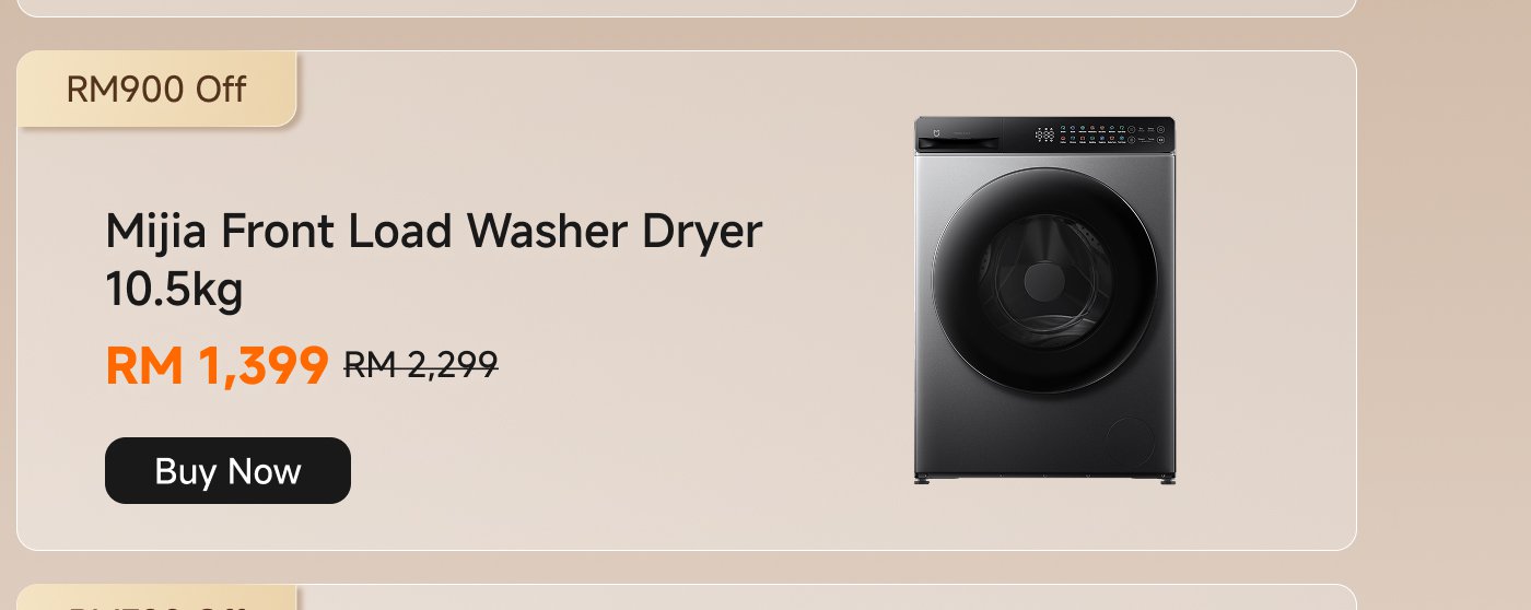 Mijia 10.5kg front-load washing and drying machine, now priced at RM 1,399, originally RM 2,299, discount of RM 900. Click to purchase.