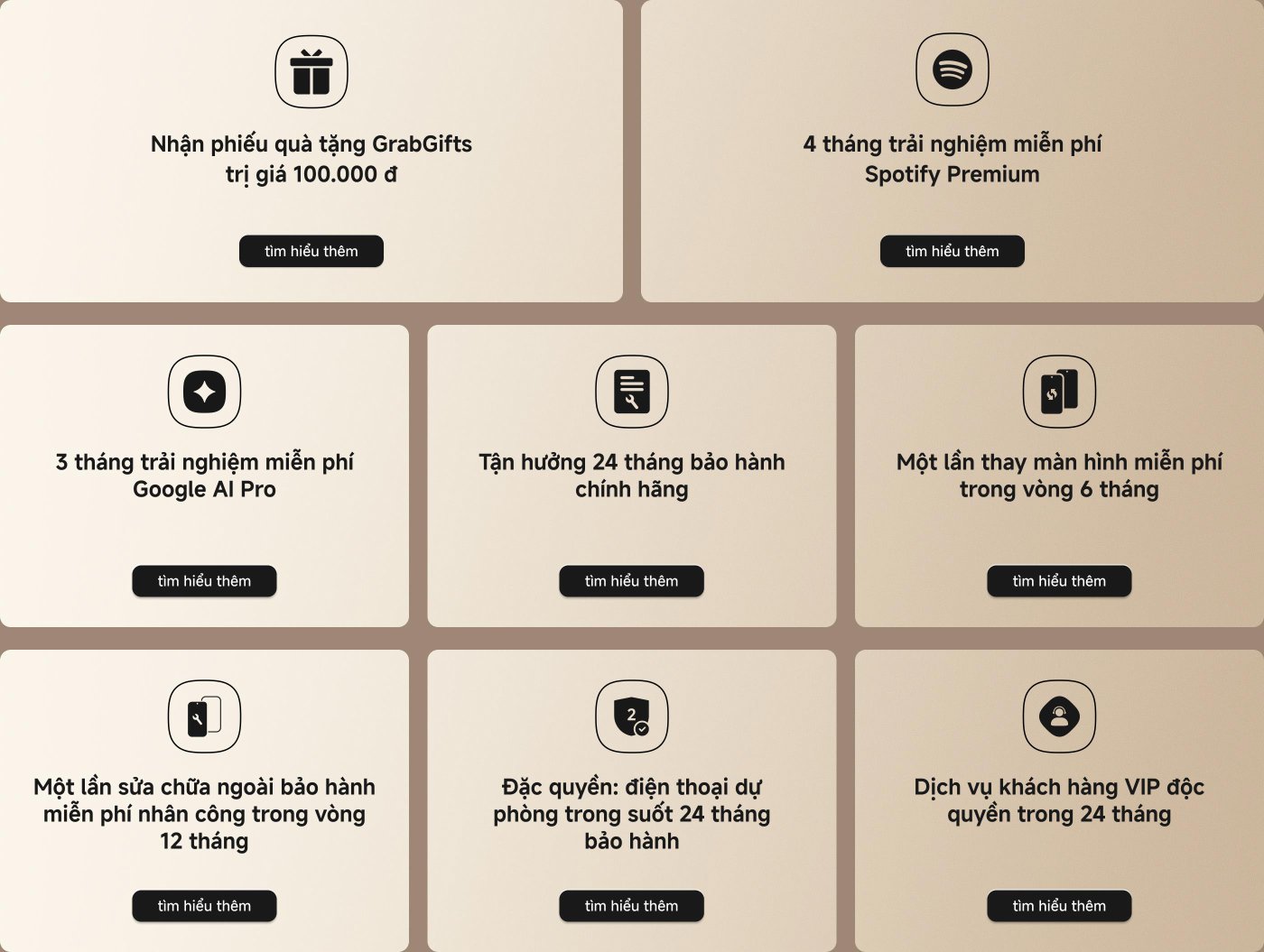 Nhiều chương trình khuyến mãi, bao gồm quà tặng GrabGifts trị giá 100.000 đồng Việt Nam, dùng thử miễn phí Google AI Pro trong 3 tháng, dùng thử miễn phí Spotify Premium trong 4 tháng, v.v., chi tiết vui lòng nhấn để tìm hiểu thêm.