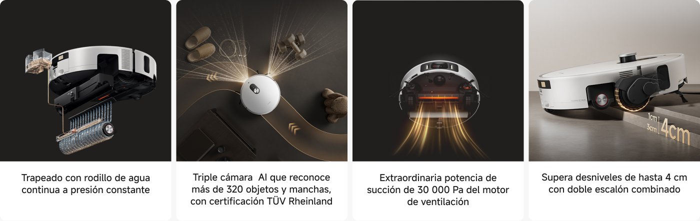Un robot aspirador que presenta varias características:

1. Trapeado con rodillo de agua a presión constante.
2. Triple cámara AI que reconoce más de 320 objetos y manchas, con certificación TÜV Rheinland.
3. Potencia de succión de 30,000 Pa del motor de ventilación.
4. Capaz de superar desniveles de hasta 4 cm con un doble escalón combinado.