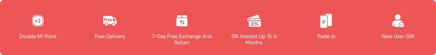 The image features a collection of promotional offers, including:

- Double Mi Point
- Free Delivery
- 7-Day Free Exchange and Return
- 0% Interest Up to 6 Months
- Trade In
- New User Gift

The background is red with icons accompanying each offer.