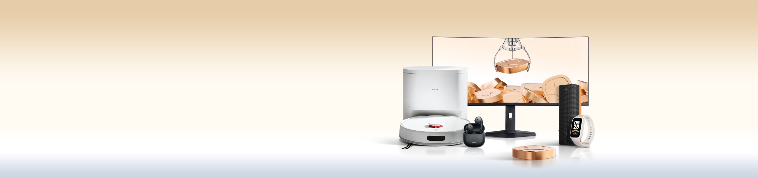 Multiple golden gift boxes are stacked together, with orange balloons nearby. The background is minimalist, and the lighting is soft, creating a warm atmosphere.