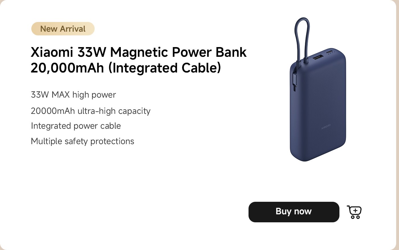 Xiaomi 33W magnetic power bank, with a capacity of 20,000mAh, comes with an integrated cable. It supports 33W high power, features multiple safety protections, and is suitable for fast charging and large capacity energy storage.