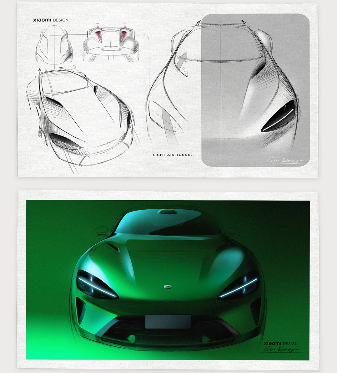 A design sketch, with the upper part showing the outline of a car labeled "LIGHT AIR TUNNEL," and the lower part featuring a colored rendering of the car, overall presenting a green light effect that showcases the streamlined body design.