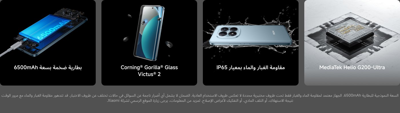 تتضمن الصورة معلومات عن جهاز يحتوي على بطارية ضخمة بسعة 6500mAh، زجاج Corning® Gorilla® Glass Victus® 2، ومقاومة للماء والغبار بمعيار IP65. كما يحتوي على معالج MediaTek Helio G200-Ultra.