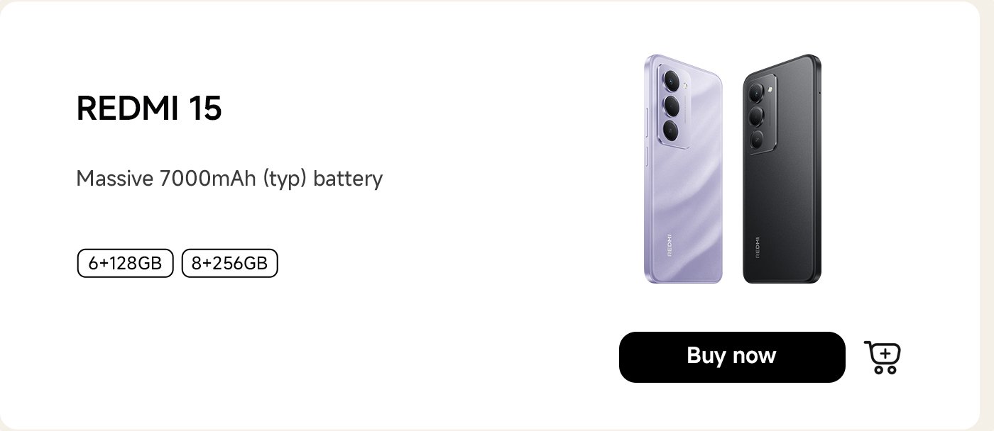 It showcased two models of the REDMI 15 phone, available in purple and black, equipped with storage options of 6GB+128GB and 8GB+256GB, featuring a large 7000mAh battery, with a "Buy Now" button at the bottom.