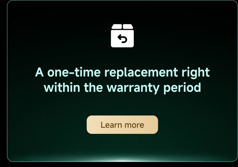 A one-time replacement right within the warranty period. Button to "Learn more."