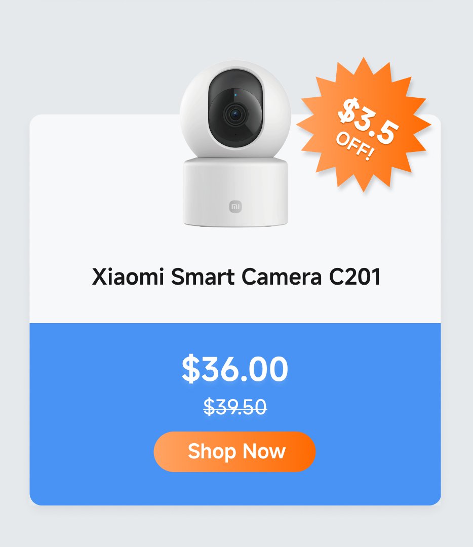 Xiaomi Smart Camera C201 is priced at $36.00, down from $39.50, with a discount of $3.50. A "Shop Now" button is available for purchasing.