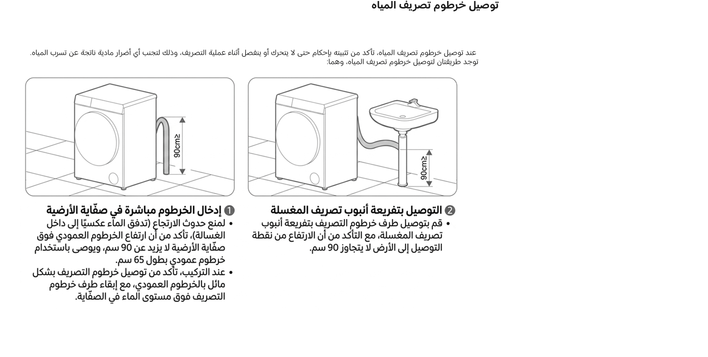 Instructions for connecting a drain hose are provided, detailing two methods:

1. **Inserting directly into the floor drain**: Ensure the hose height above the floor drain does not exceed 90 cm. It’s recommended to use a 65 cm vertical hose. The hose should connect obliquely to avoid siphoning.

2. **Connecting to a branch of the downpipe**: Attach the drain hose to a branch of the sink downpipe, ensuring the height from the connection point to the ground does not exceed 90 cm.
