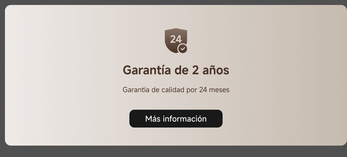 Garantía de 2 años, garantizando calidad por 24 meses. Incluye un botón para más información.