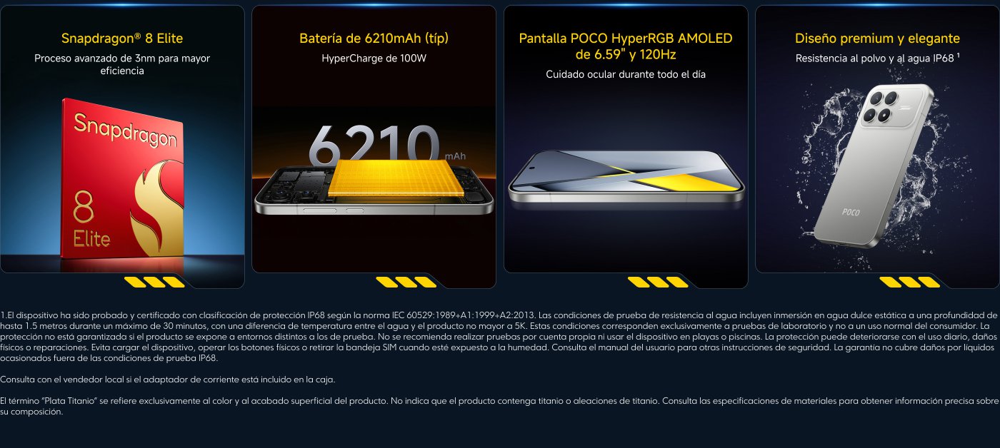 Procesador Snapdragon® 8 Elite, fabricado con un avanzado proceso de 3nm, que ofrece un rendimiento más eficiente. Batería de 6210mAh, soporta carga rápida HyperCharge de 100W. Pantalla AMOLED de 6.59 pulgadas y 120Hz, que protege los ojos. Diseño a prueba de agua y polvo IP68, con un aspecto elegante.