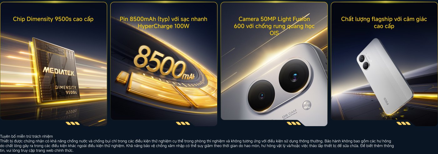 Chip MediaTek Dimensity 9500s hiệu suất cao, được trang bị công nghệ sạc nhanh 8500mAh (typ), hỗ trợ HyperCharge 100W. Camera Light Fusion 50MP đi kèm với chống rung quang học (OIS), cung cấp trải nghiệm chất lượng cao cấp.