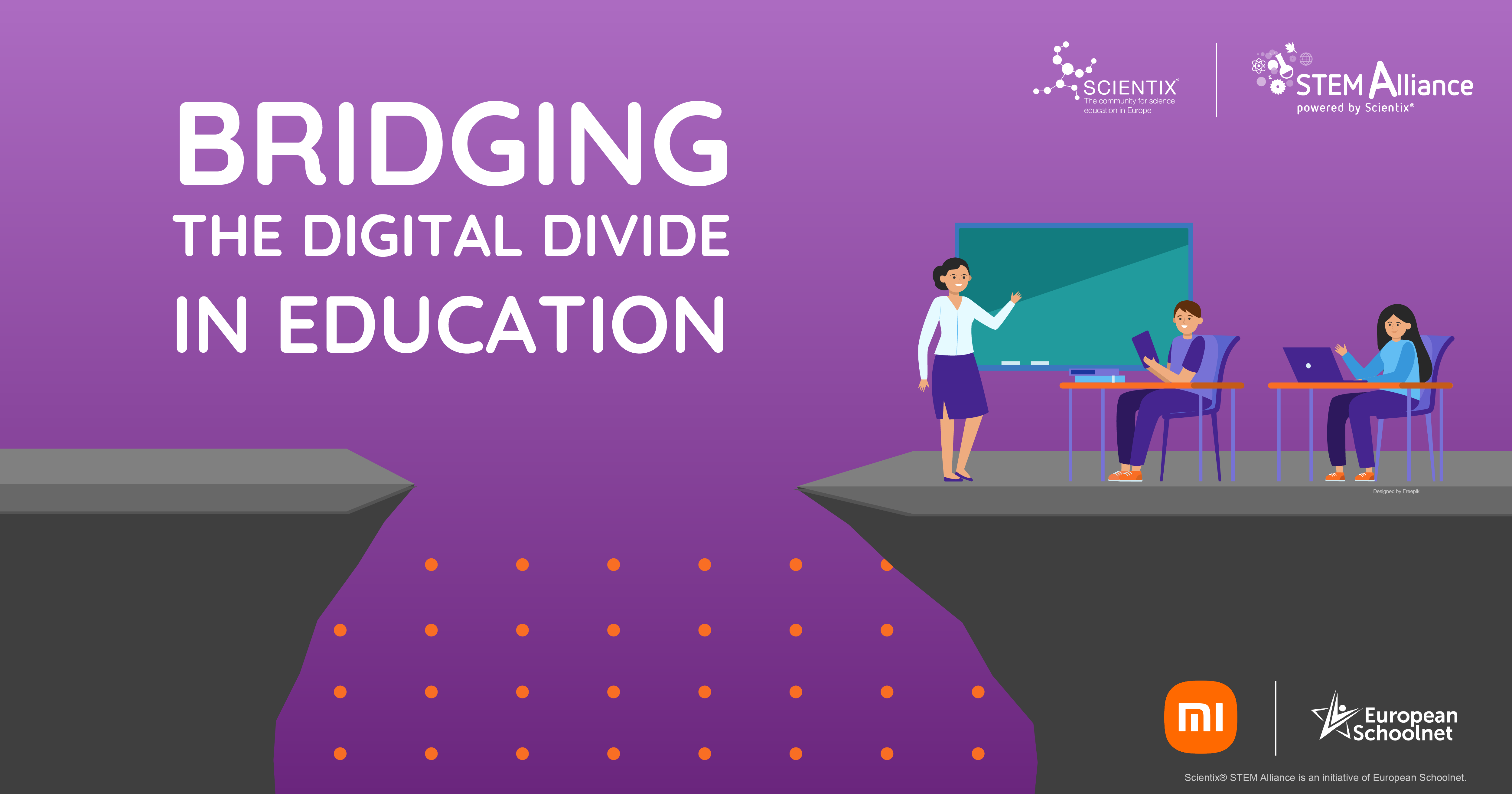 A woman is explaining in front of a blackboard, with a purple background, while two students beside her are using electronic devices. The text emphasizes the importance of bridging the digital divide in education.