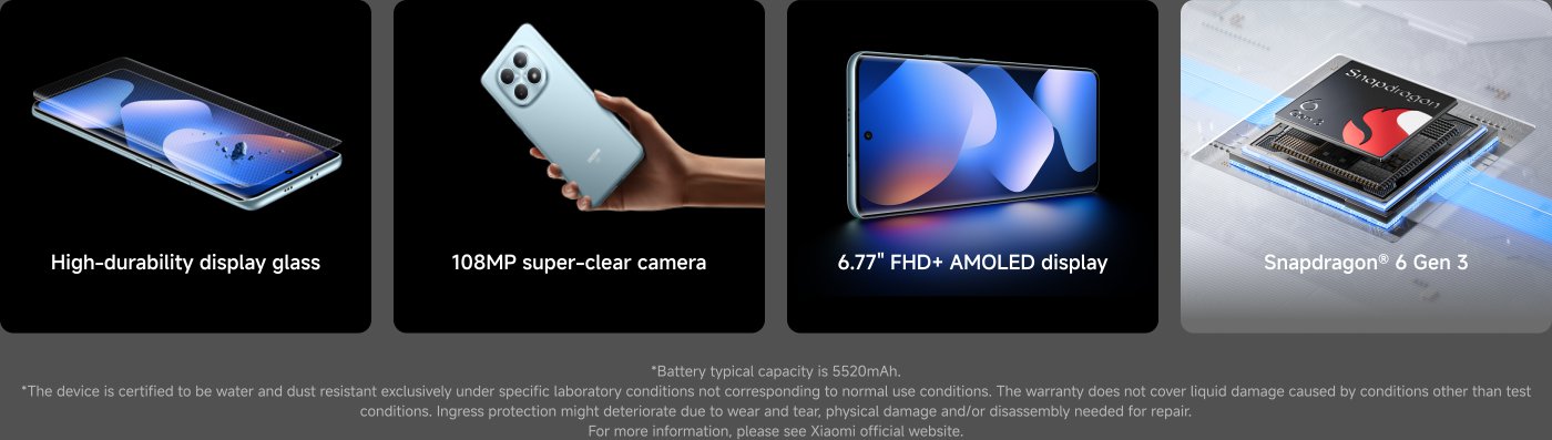 The image showcases a smartphone with notable features including high-durability display glass, a 108MP super-clear camera, a 6.77" FHD+ AMOLED display, and the Snapdragon® 6 Gen 3 processor. There are also disclaimers regarding battery capacity and device protection specifications.
