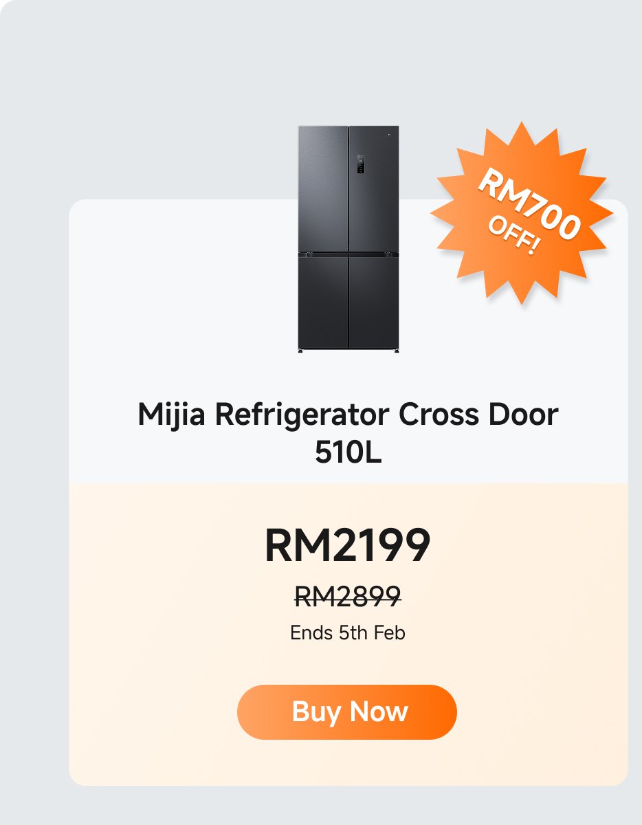 The Mijia Cross Door Refrigerator 510L is priced at RM2199, down from RM2899, offering a discount of RM700. The promotion ends on 5th February.