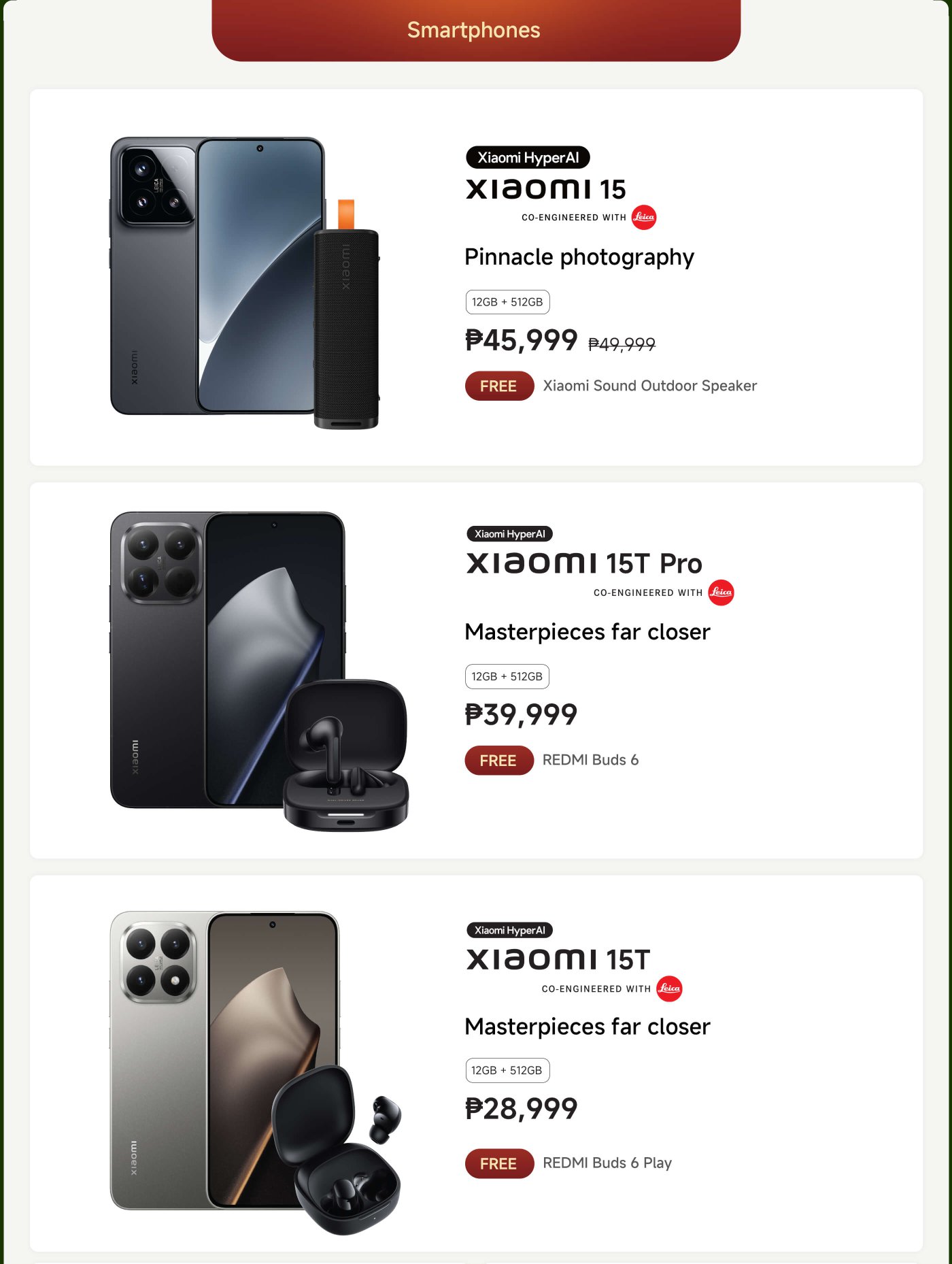 The Xiaomi phone series showcases the Xiaomi 15, Xiaomi 15T Pro, and Xiaomi 15T. Each phone comes with different freebies, such as the Xiaomi outdoor speaker and REDMI headphones, with prices and storage configurations labeled accordingly.