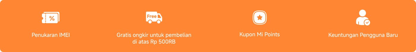Gambar promosi yang berisi empat informasi penawaran, termasuk: 1. Penukaran IMEI; 2. Pengiriman gratis untuk pembelian di atas 500.000 rupiah; 3. Kupon Mi Points; 4. Kupon untuk pengguna baru.