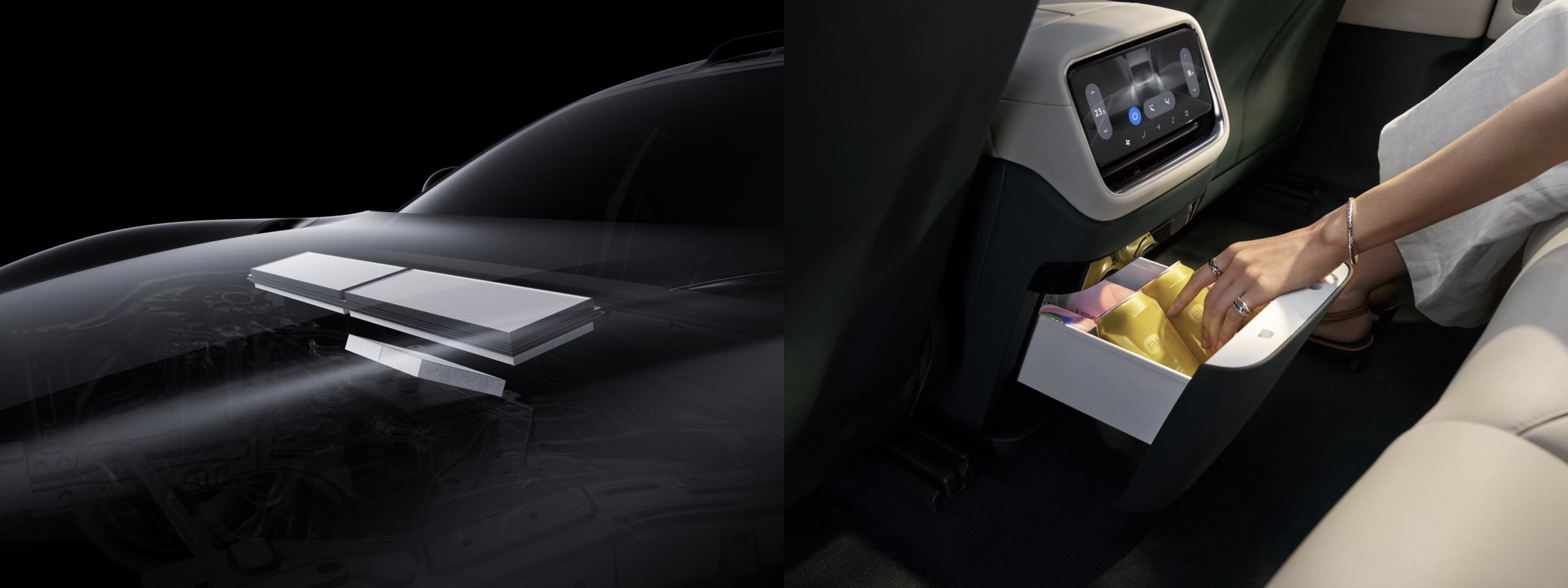 The interior of the car is displayed, with the battery component on the left side and a passenger opening the storage box on the right side. Inside the box, there are various items, and the background features a modern car interior.