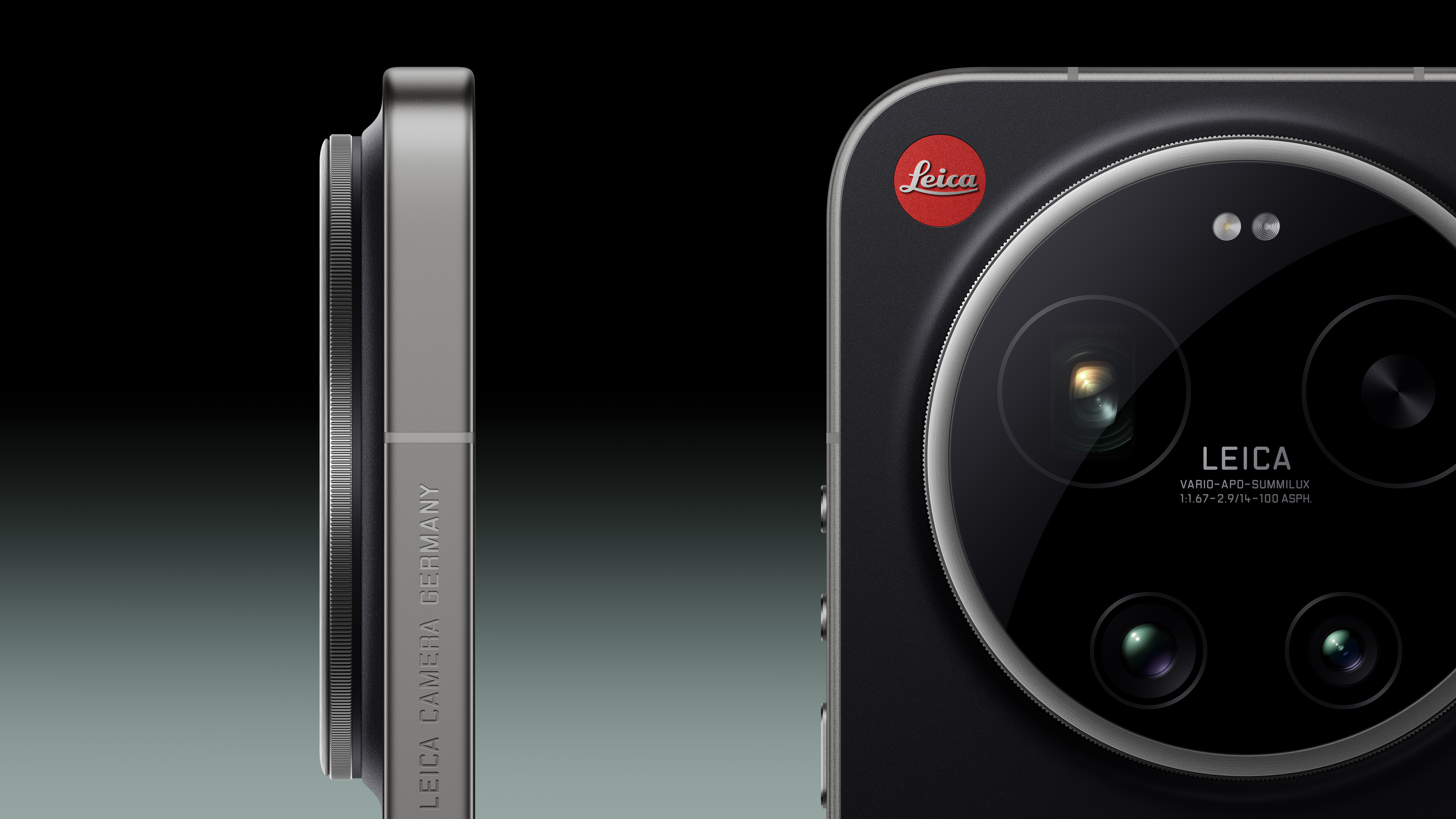 This is a close-up of the side and back of a camera, showing the camera's lens and the brand logo "LEICA." There are several lens components next to the lens, and the background is a gradient color.