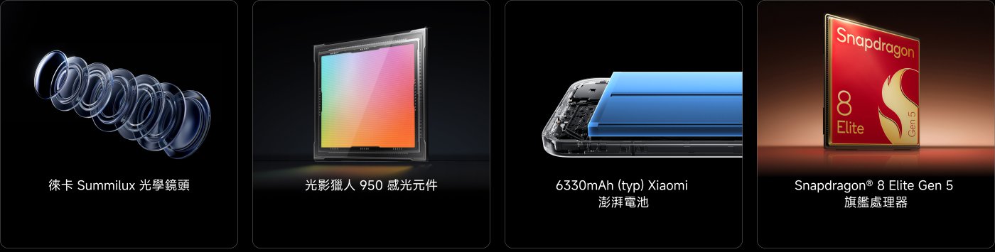 展示了四個技術組件的信息，包括：

1. 徕卡 Summilux 光學鏡頭
2. 光影獵人 950 感光元件
3. 6330mAh (typ) 小米電池
4. Snapdragon® 8 Elite Gen 5 旗艦處理器