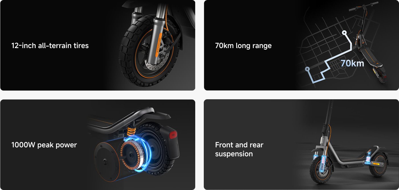 The image showcases the features of an electric scooter, including:

- 12-inch all-terrain tires
- 70 kilometers of range
- 1000W peak power
- Front and rear suspension system

The overall design emphasizes stability and adaptability to different road conditions.