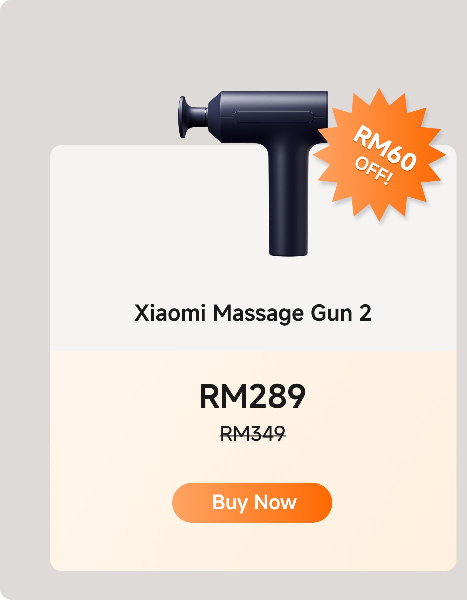 Xiaomi Massage Gun 2 is offered at RM289, discounted from RM349, with a RM60 discount highlighted. A "Buy Now" button is featured prominently.