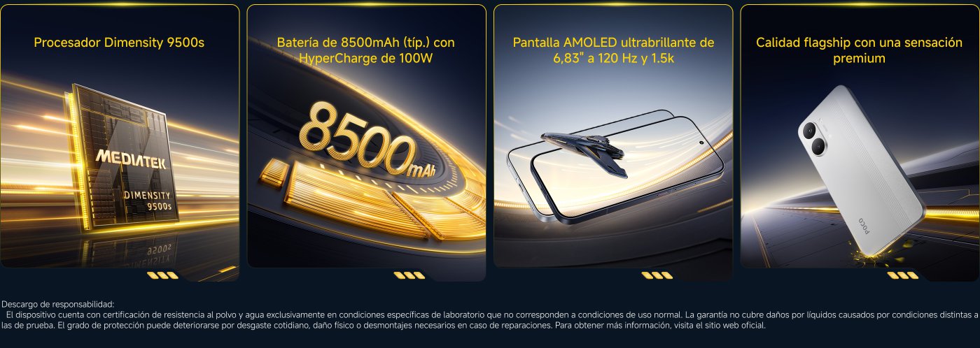 La imagen presenta un dispositivo móvil con las siguientes características destacadas:

- Procesador MediaTek Dimensity 9500s.
- Batería de 8500 mAh con carga rápida HyperCharge de 100W.
- Pantalla AMOLED de 6.83" a 120 Hz y resolución de 1.5k.
- Calidad premium que ofrece una experiencia de uso destacada.

También incluye un descargo de responsabilidad sobre la resistencia al polvo y al agua del dispositivo.